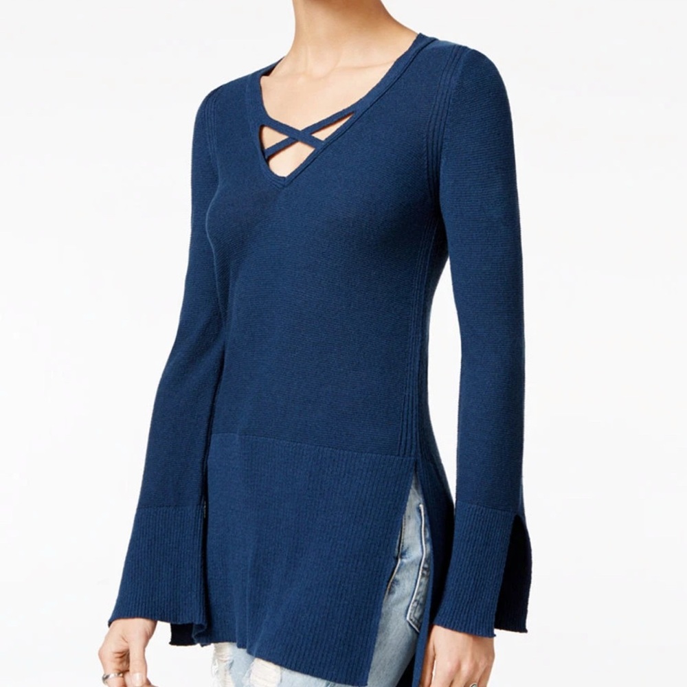Navy Blue Free People V-Neck Tunic Sweater with Crisscross Detail L